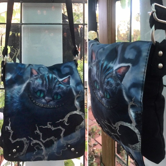 Disney Handbags - Disney Cheshire Cat Blk Blue Crossbody Cotton Bag